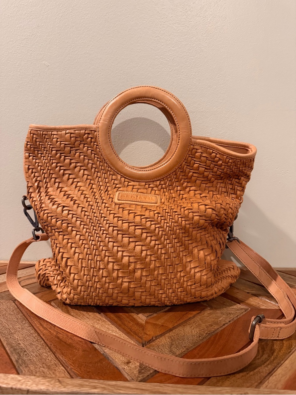 Bed Stu Adele Circle-Handle Shoulder Bag in Tan
